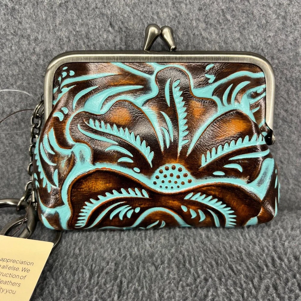 Patricia Nash Borse Coin Purse Women Turquoise Tooled Leather Floral Kiss Lock